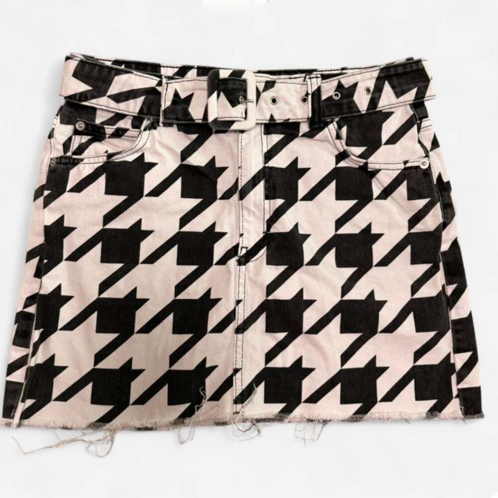 Topshop Moto Houndstooth Denim Mini Belted Frayed Skirt Y2K Edgy Grunge Size 6